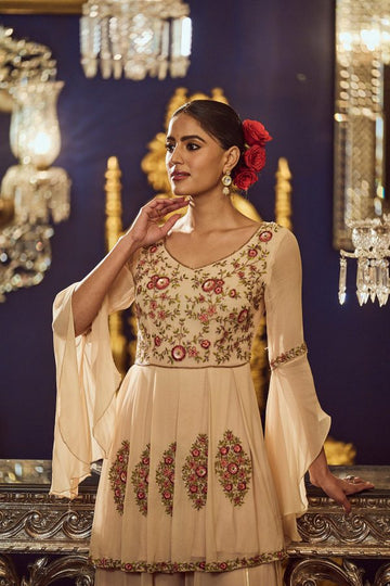 Cream peplum Hand embroidered sharara set in georgette