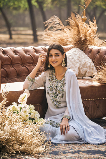 Embroidered short kurta with Sharara and dupatta IN GEORGETTE
