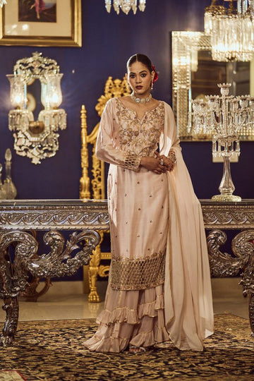 Ivory hand embroidered Kurta in silk and sharara in georgette