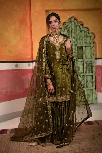 Olive Green Velvet Suit With Sharara Fully Gold Handwork