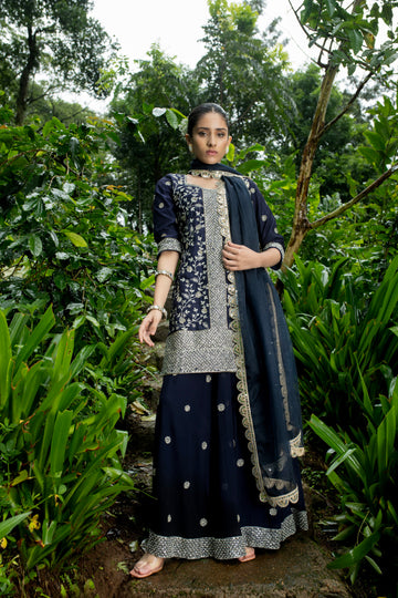 Navy Blue Short Suit With Sharara Full Handwork