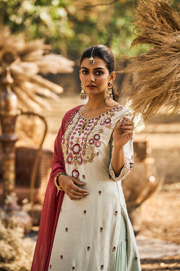 Mint green embroidered with Sharara and dupatta in georgette