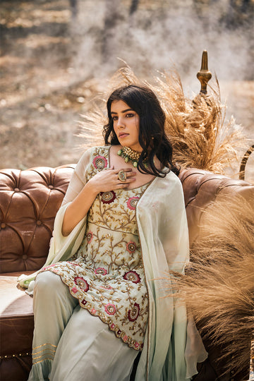 Mint green embroidered peplum with Sharara and dupatta in georgette
