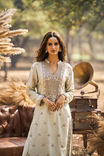 Mint green embroidered KURTA IN SILK AND SHARARA IN GEORGETTE IN DUPPATA