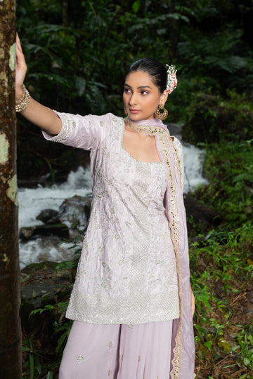 Lavender Short Suit With Sharara Full Handwork