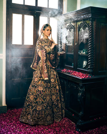 Brown beak and thread Lehnga set in silk