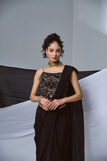 Black pre-draped saree with beaded corset in crepe
