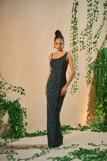 Bottle Green hand embroidered georgette gown