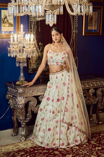 Blue lehenga set with mirror work in crepe