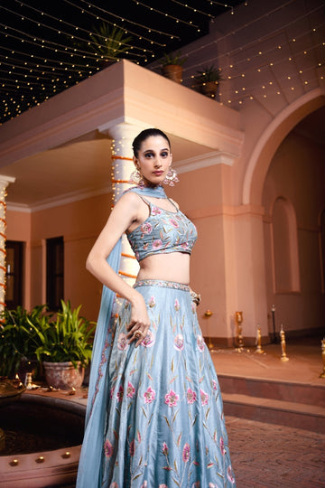 Blue Embroidered Lehenga in Silk