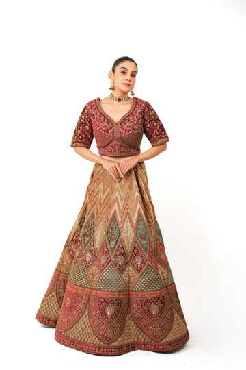 Antique Gold & Wine Designer Panelled Lehenga