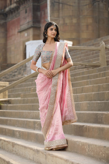 Baby Pink Saree In Tissue Organza