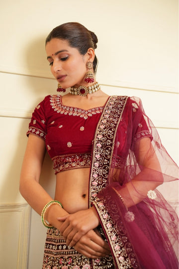 Wine Red Floral Embroidered Bridal Lehenga