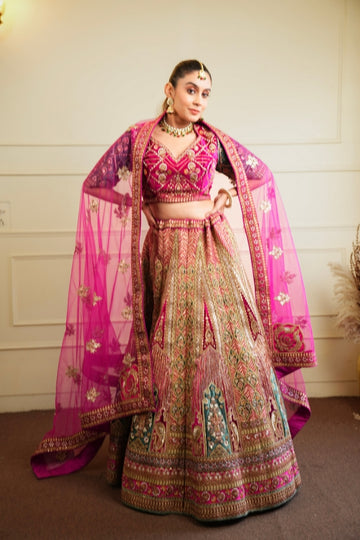 Rani Pink Velvet Embroidered Lehenga Set