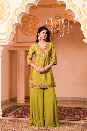 Olive Green Dola Silk Kurti with Georgette Sharara Set