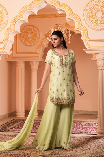 Pastel Pistachio Dola Silk Kurti with Georgette Sharara Set