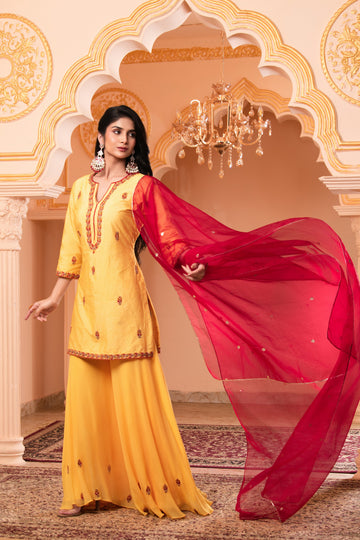 Sunshine Yellow Dola Silk Kurti with Georgette Sharara Set