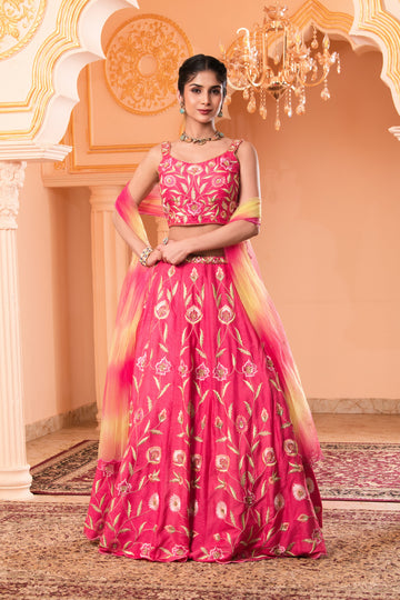 Pink Dola Silk Lehenga with Embroidered Net Dupatta