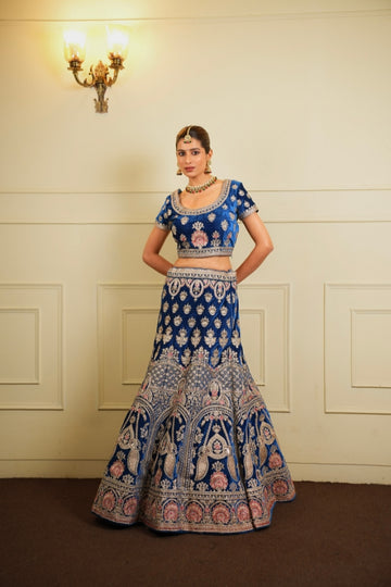 Royal Blue Velvet Embroidered Lehenga Set