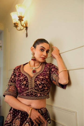 Imperial Wine Velvet Bridal Lehenga Set