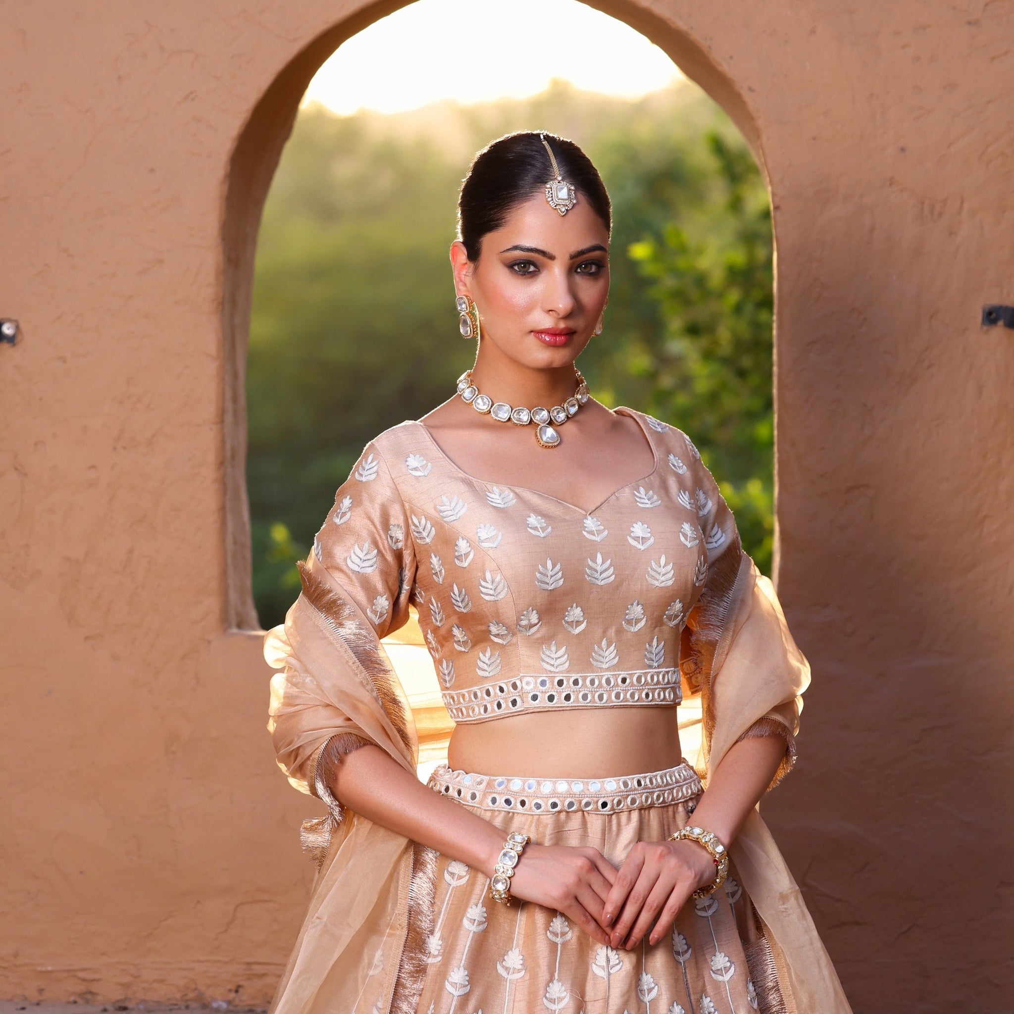 Beige Lehenga In Thread and Mirror Work