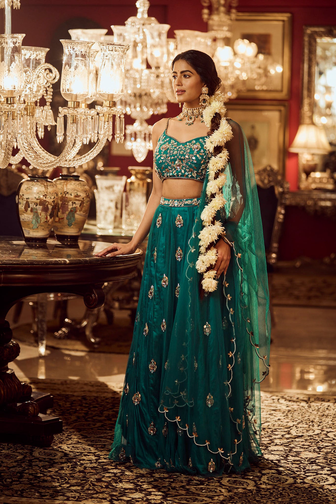 Bottle green lehenga set in Net
