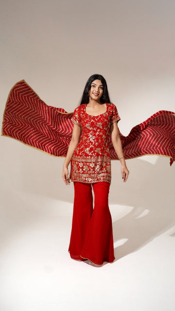 Crimson Red Embroidered Georgette Sharara Set with Bandhani Dupatta