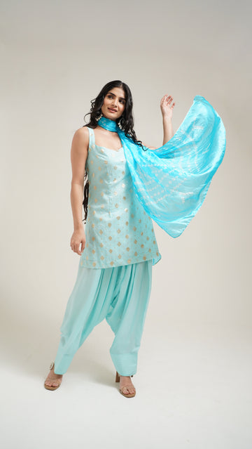 Sky Blue Chanderi Kurti Set with Farshi Salwar