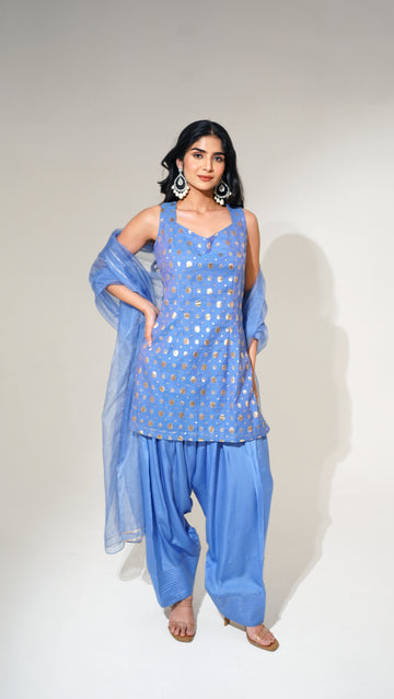 Periwinkle Blue Chanderi Kurti Set with Farshi Salwar & Organza Dupatta