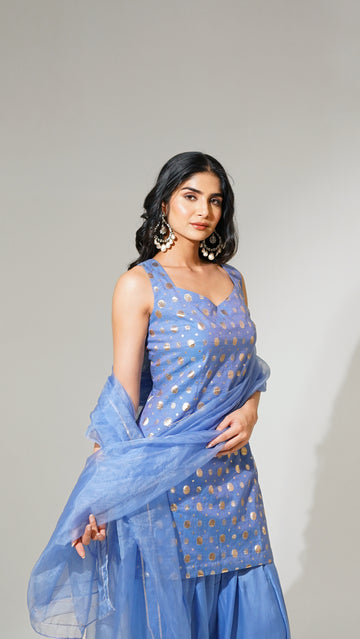 Periwinkle Blue Chanderi Kurti Set with Farshi Salwar & Organza Dupatta