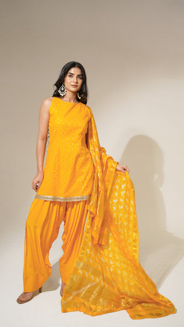 Sunshine Yellow Chanderi Kurti Set with Farshi Salwar & Bandhani Dupatta