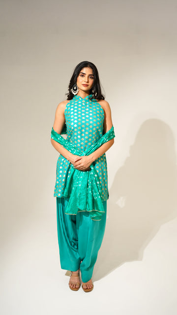 Turquoise Chanderi Kurti Set with Farshi Salwar & Chiffon Dupatta