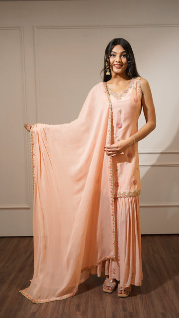 Blush Peach Floral Embroidered Kurta Set with Georgette Sharara & Embroidered Dupatta