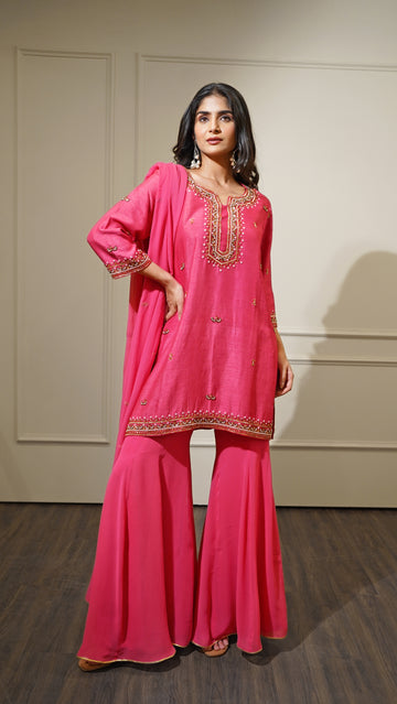 Rani Pink Embroidered Kurta Set with Georgette Sharara & Dupatta