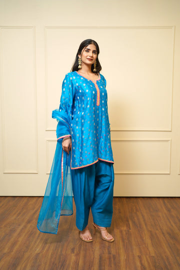 Turquoise Blue Embroidered Kurta Set with Farsi Salwar & Organza Dupatta