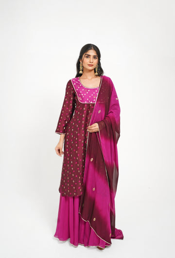 Wine Bandhani Pure Silk Kurta Set with Fuchsia Georgette Sharara & Dupatta
