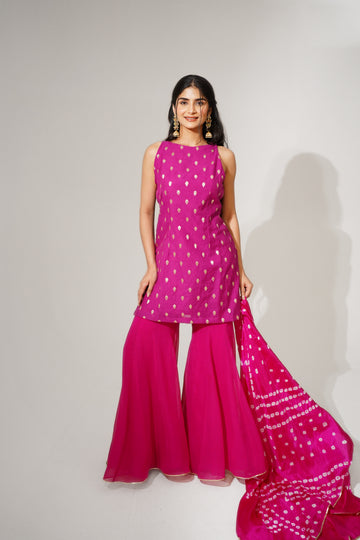 Fuchsia Pink Chanderi Kurti Set with Sharara & Bandhani Dupatta