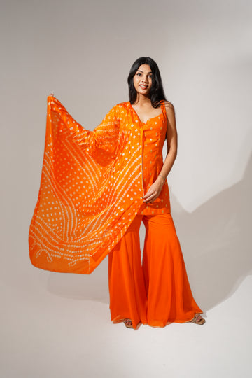 Orange Chanderi Kurti Set with Sharara & Bandhani Dupatta