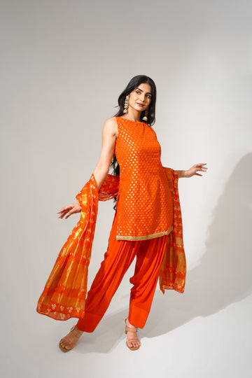 Tangerine Orange Chanderi Kurti Set with Farshi Salwar & Bandhani Dupatta