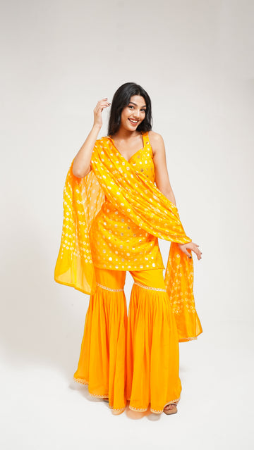 Sunshine Yellow Chanderi Kurti Set with Georgette Sharara & Bandhani Dupatta