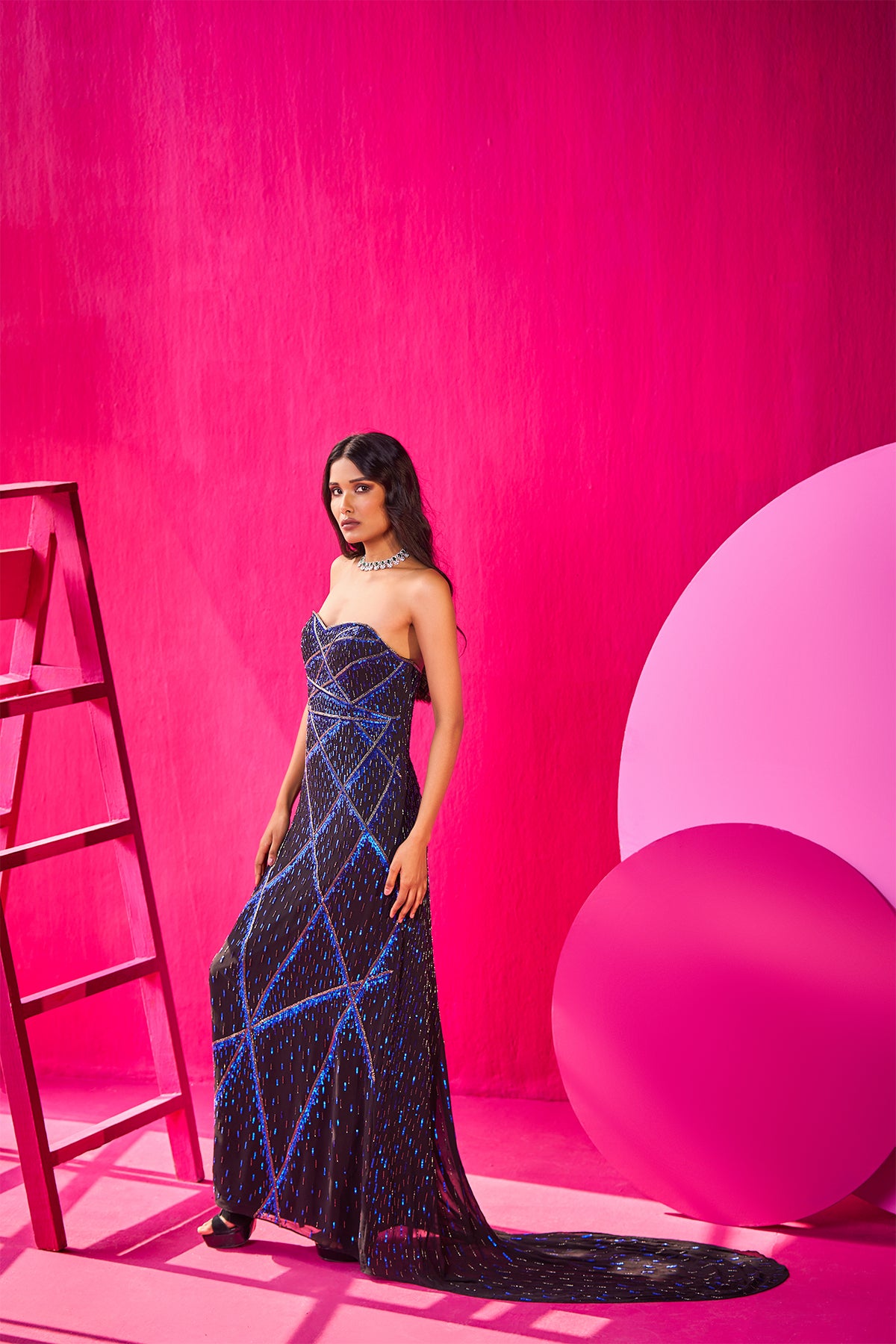 Ink blue criss-cross embroidered tube gown in georgette