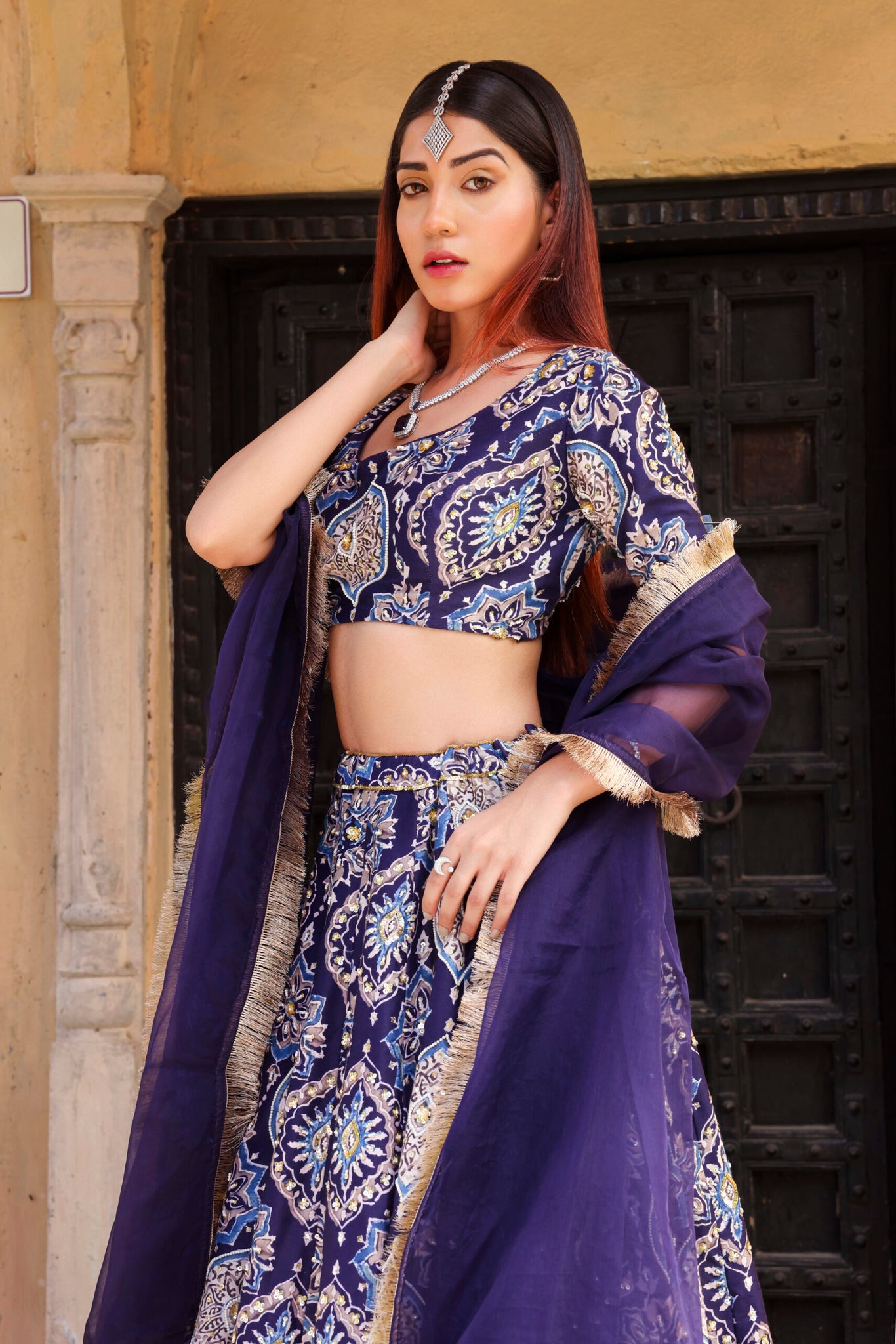 Navy Blue Printed Lehenga With Handwork