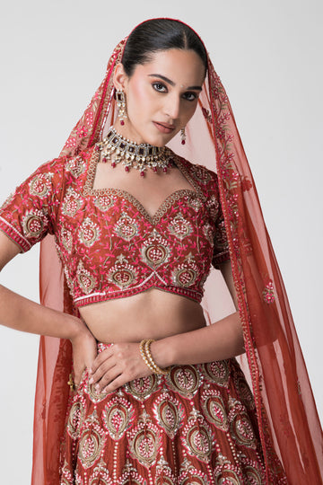 Red hand embroidered lehenga
