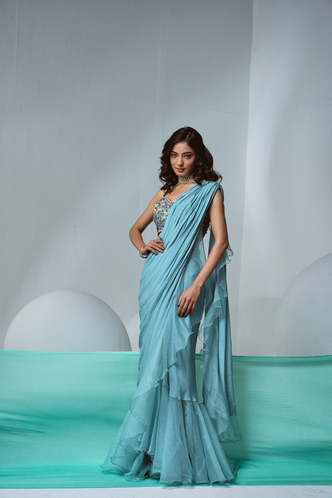 Blue pre-draped skirt saree in crepe and organza