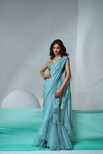 Blue pre-draped skirt saree in crepe and organza