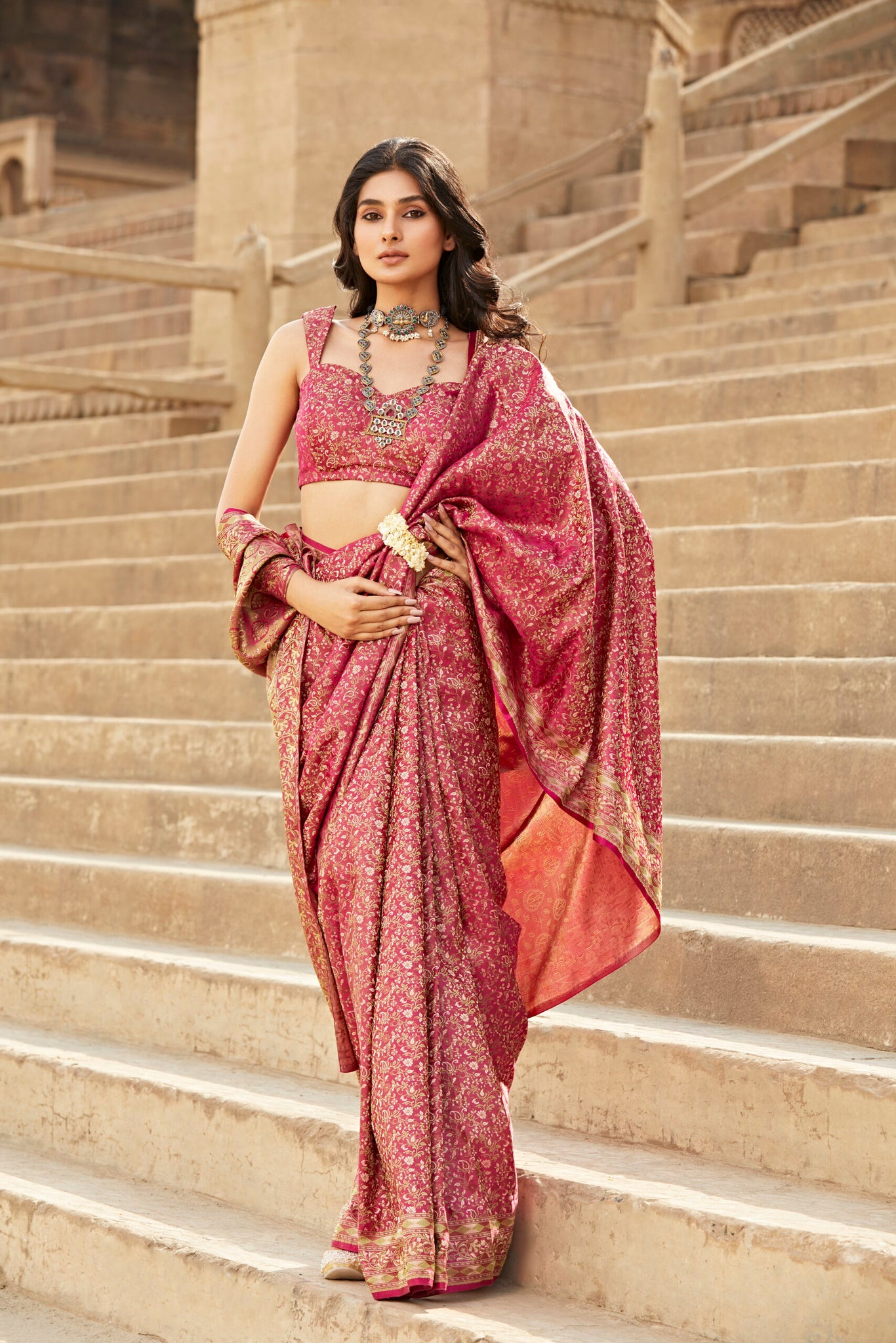 Dark Pink Banarasi Saree In Silk