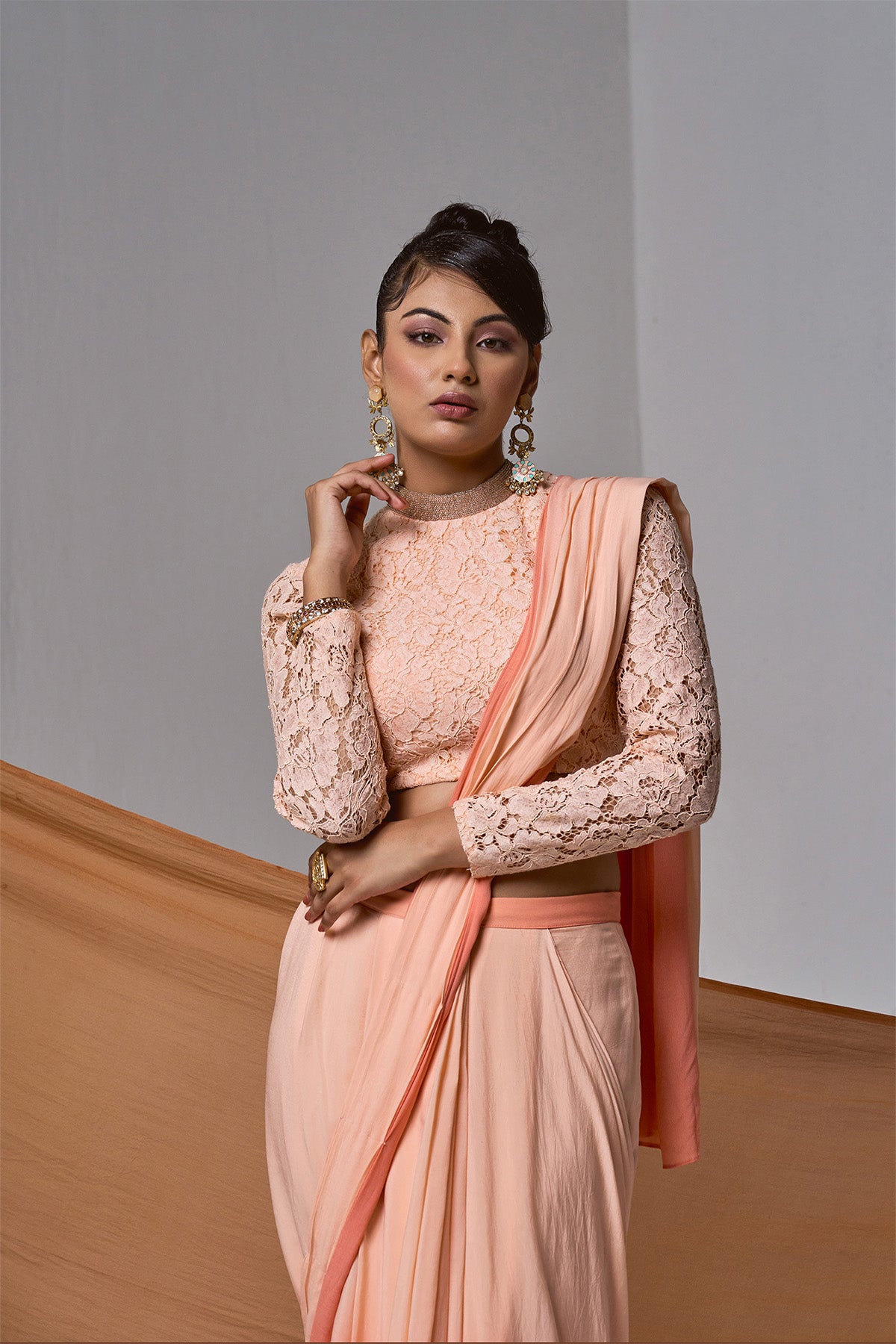 Peach Ombré pre-drape saree IN CREPE with lacy blouse