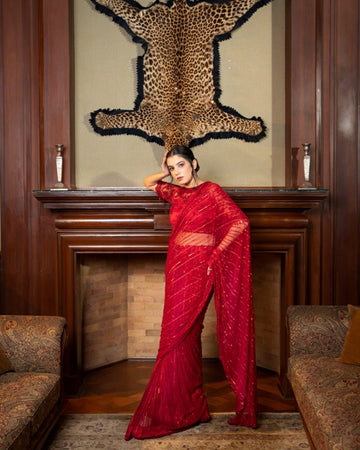 Red hand embroidered saree in net