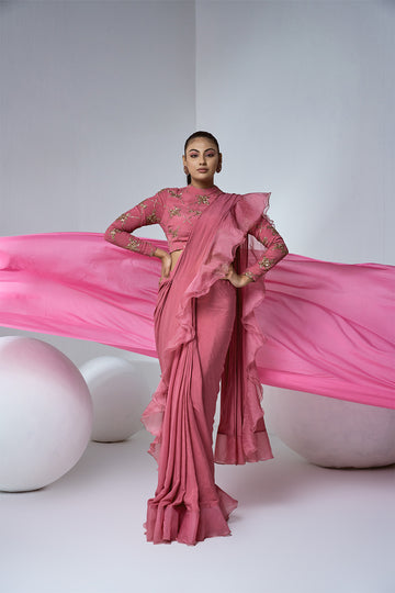 Rose pink organza ruffle saree with embroidered full sleeve blouse