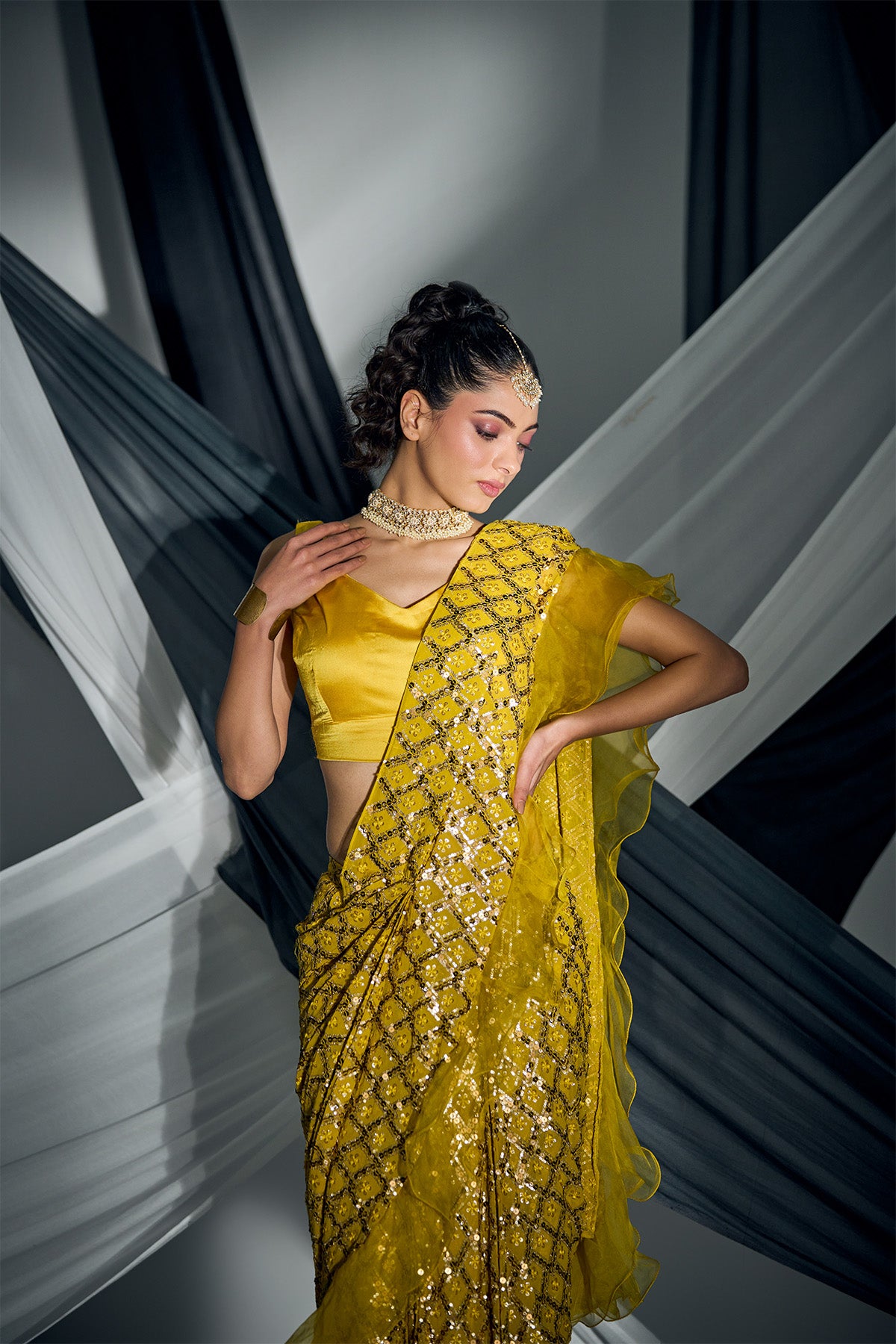 Mustard Beaded georgette and organza ruffle pre-drape saree with satin blouse